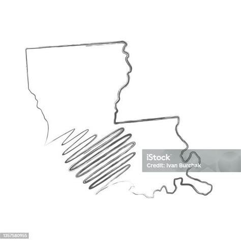 Louisiana Us State Hand Drawn Pencil Sketch Outline Map With The