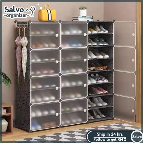 Shoe Rack With Door Diy Rak Kasut Storage Box Bertutup Stackable Rack