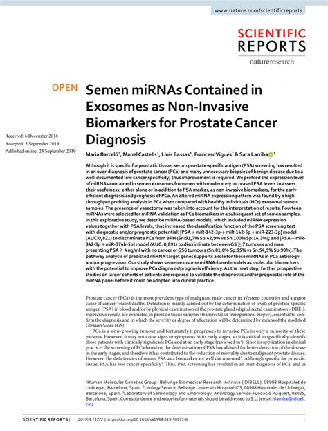 Pdf Semen Mirnas Contained In Exosomes As Non Invasive Biomarkers For