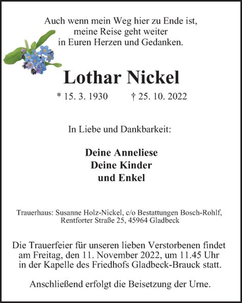 Traueranzeigen Von Lothar Nickel Trauer In Nrw De