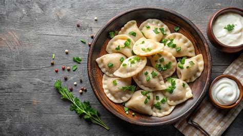 Homemade Dumplings With Sour Cream Eastern European Cuisine Pierogi