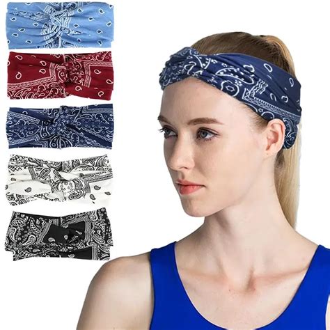 Vbiger 5ocs Women Printing Elastic Headbands Wide Sports Hair Band Yoga