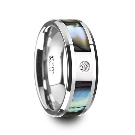 Periphas Mother Of Pearl Inlay Tungsten Carbide Ring With Beveled Edges