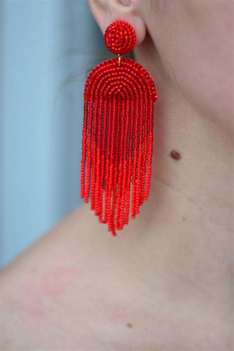 Red Waterfall Cascade Chandelier Tassel Earrings Dangle Drop Etsy