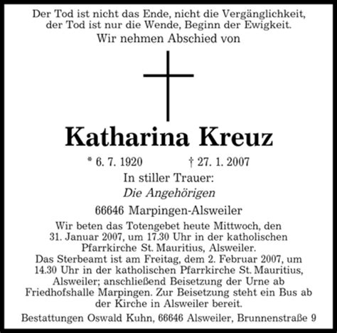 Traueranzeigen Von Katharina Kreuz Saarbruecker Zeitung Trauer De