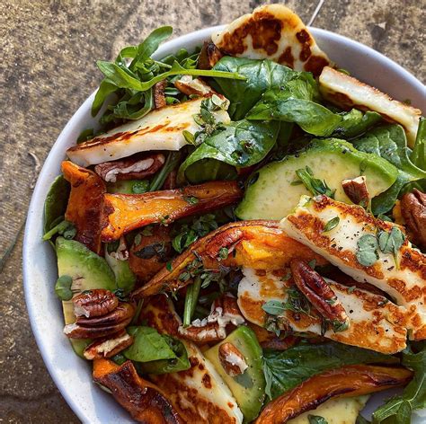 Roasted Sweet Potato And Halloumi Salad With Toasted Pecans And A