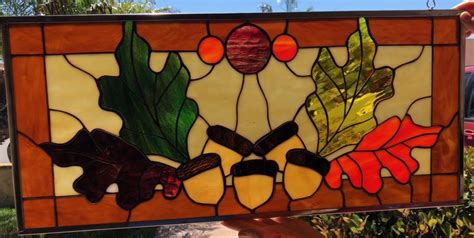 Autumn Leaves And Acorns Leaded Stained Glass Window Panel