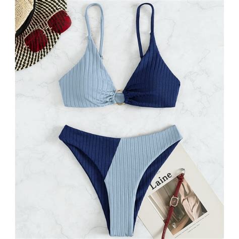 Fashion Bikini Swimsuit Women Color Block Triangle Swimwear 2pieces Patchwork Bathing Suit
