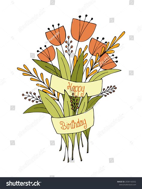 Happy Birthday Doodle Flowers Bouquet Congratulation Stock Vector (Royalty Free) 2030142032 ...