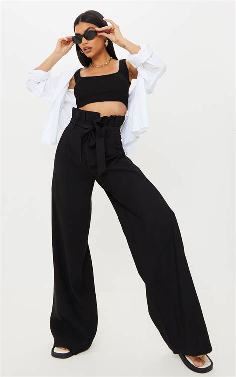 Black Woven Paperbag Waist Wide Leg Trousers Prettylittlething Il