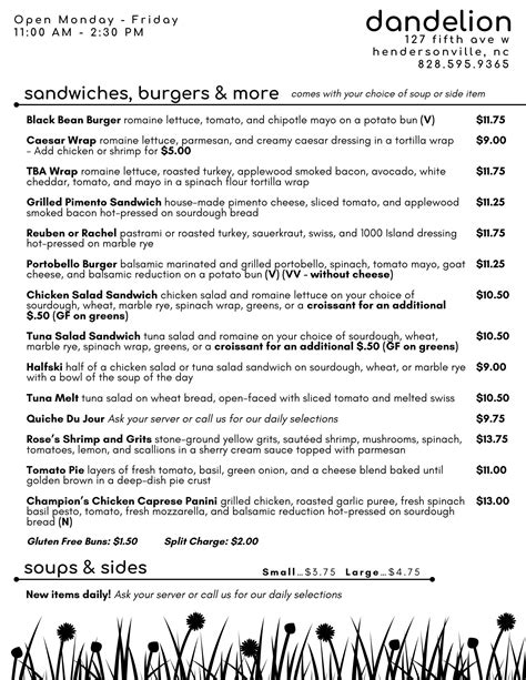 Menu At Dandelion Cafe Hendersonville