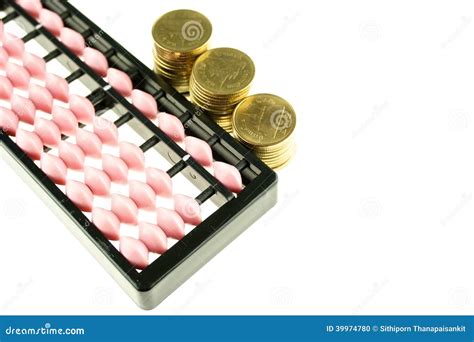 Pink Abacus Retro Japan Calculator And Gold Coins Isolated Stock Photo