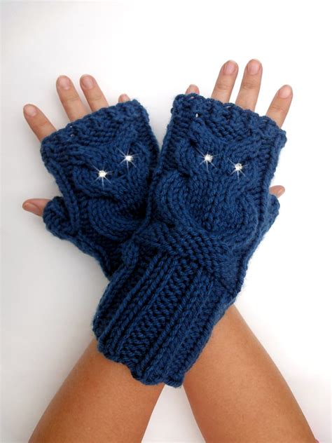 Knit Owl Cable Fingerless Gloves Blue Or 44 Colors Arm Etsy