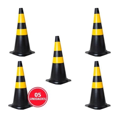 Kit 05 Cones em PVC Rígido 75cm Preto e Amarelo MadeiraMadeira