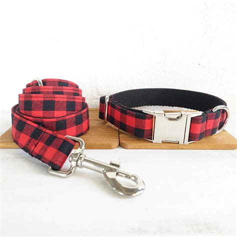 Collier De Chien Personnalis Carreaux Noir Et Rouge Laisse Avec