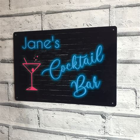 Cocktail Bar Sign Neon Style Personalised Metal Wall Sign Home Etsy Uk