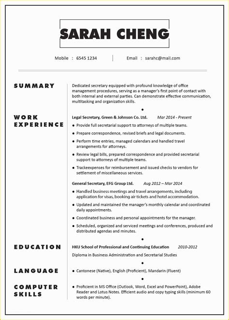 Secretary Resume Templates Free Of Cv Profile Sample Secretary