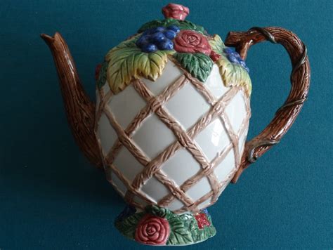 Fitz And Floyd Teapot Tea Pot Roses And Grape Vine 55oz 1994 Etsy