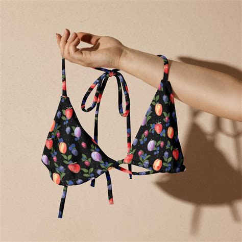 Fruit Print Recycled String Bikini Top Summer Bathing Suit Sexy Two Piece Swimsuit Black