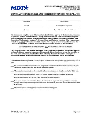Fillable Online Mdt Mt Contractor S Request And Certification For