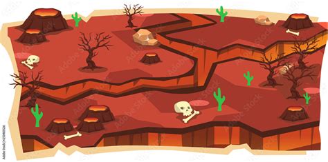 Volcano Magma 2d Game Maps And Red Land Skull Bone Lava Cactus Dry