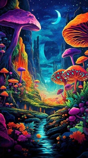 Una Pintura De Un Bosque Colorido Con Hongos Y Un Arroyo Generativo Ai