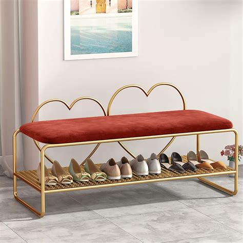 Entryway Bench Velvet Upholstery With Shoe Shelf Heart Shaped Back For Living Room Padded