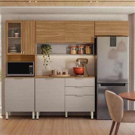 Cozinha Completa Alba Portas Gavetas Vidro Amêndola Nude Prime Tx Demóbile Demobile