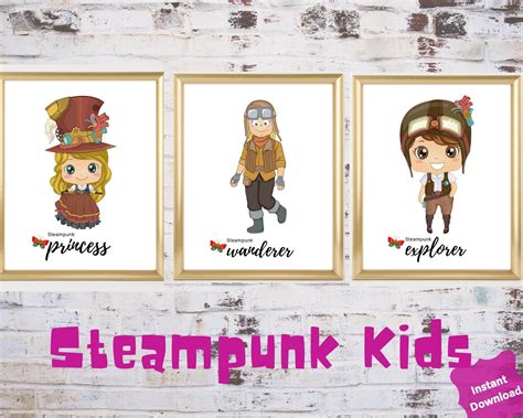 Set of 3 Adorable Steampunk Kids Wall Art Prints