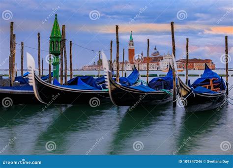 Gondolas Along Grand Canal At St Marco Square With San Giorgio M Stock