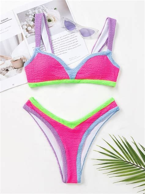 Emmiol Free Shipping 2024 Color Block Smocked Bikini Set Pink M In