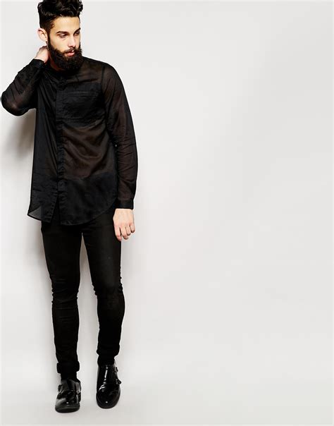 Lyst Asos Collarless Shirt In Long Sleeve With Sheer Fabric In Black