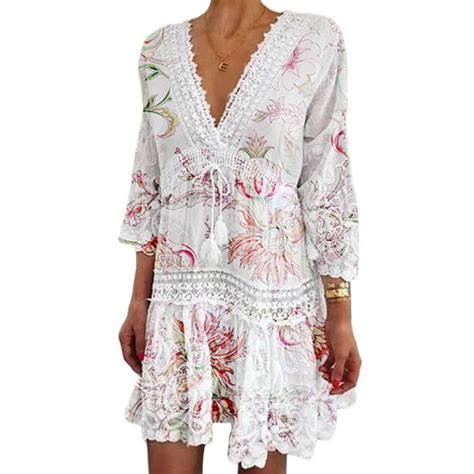 Minetom Femme Robe De Plage D T Boh Me Mini Robes Col V Profond