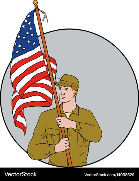 American soldier holding usa flag circle drawing Vector Image