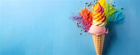 Premium Photo Rainbow Swirl Ice Cream Cone Against A Blue Background