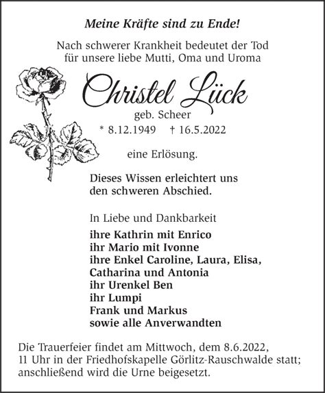 Traueranzeigen von Christel Lück Märkische Onlinezeitung Trauerportal