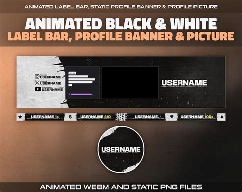 Animated Black And White Twitch Overlay Package For Streamers Dark Modern Theme Webcam Screens