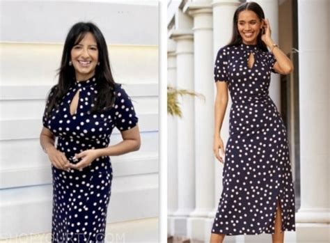 Good Morning Britain January 2024 Ranvir Singhs Navy Blue Polka Dot Dress Shop Your Tv