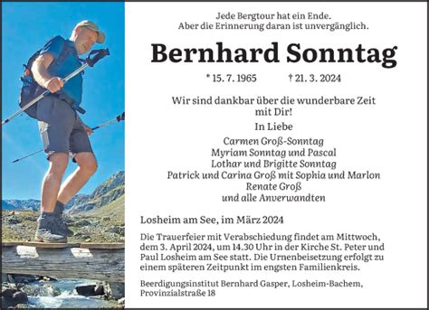 Traueranzeigen Von Bernhard Sonntag Saarbruecker Zeitung Trauer De