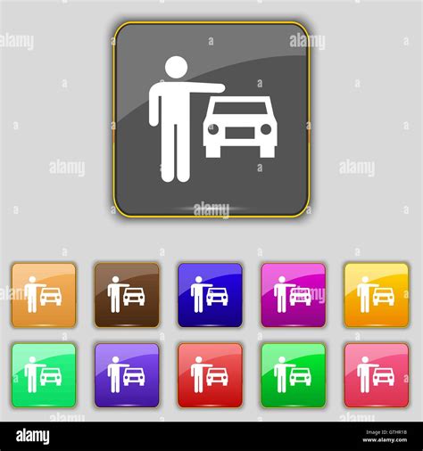 Person Up Hailing A Taxi Icon Sign Set With Eleven Colored Buttons For