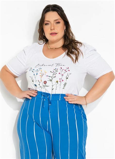 Blusa Branca Mangas Bufantes Plus Size Marguerite