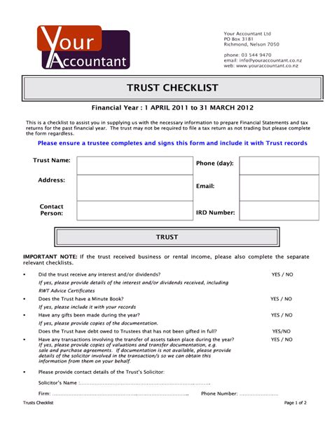 Fillable Online Youraccountant Co Trust Checklist Your Accountant