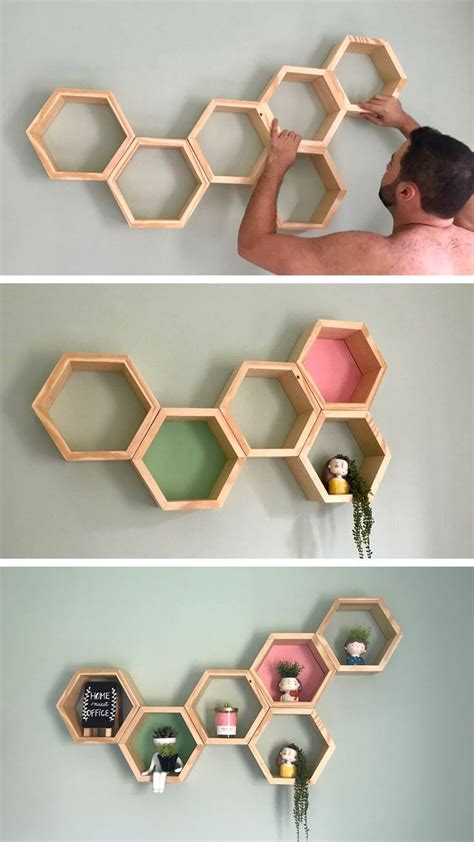 The Shelves Are Made Out Of Hexagons And Have Different Colors On Them