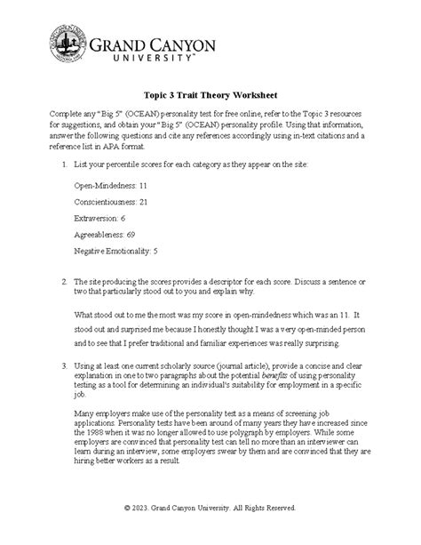 Psy 255 Rs T3trait Theory Worksheet Completed Topic 3 Trait Theory