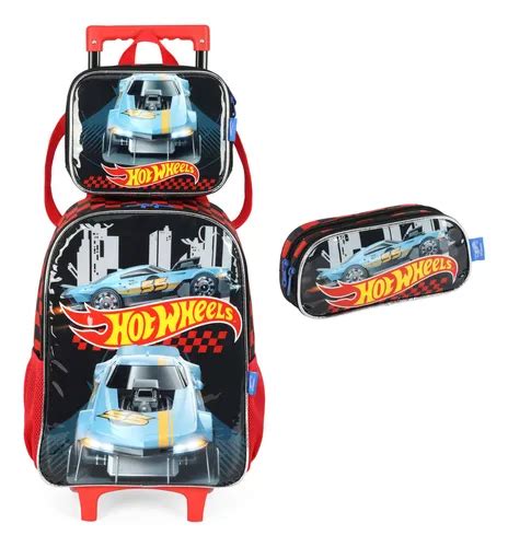 Mochila Rodas Lancheira Estojo Hot Wheels Carro Luxcel Cor Preto Desenho Do Tecido Carro Preto