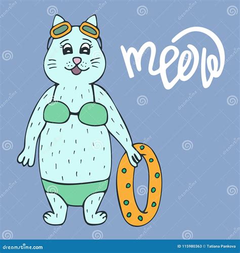 Cute Cat in a Bathing Suit with a Rubber Ring with Lettering Stock ...