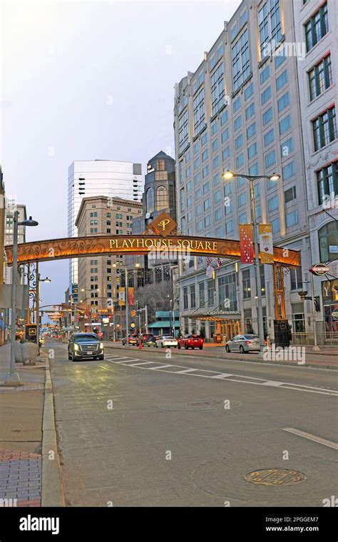 Playhouse Square Theater District Overhead Signage Hi Res Stock