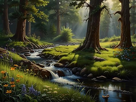 Forest And Stream Vintage Oil Painting Premium Ai Generated Image