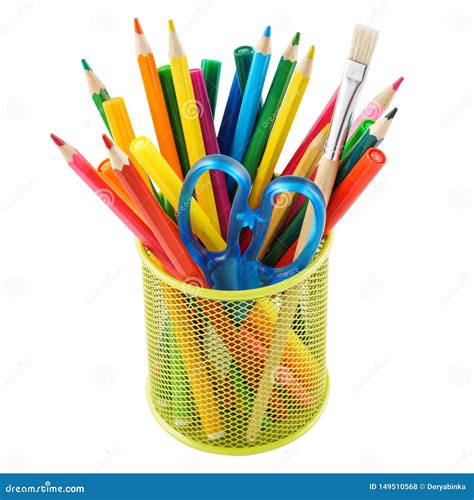 Colored Pencils And Various Stationery In A Holder Isolated Stock