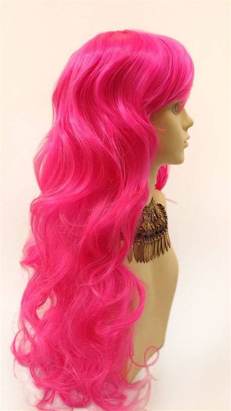 Long 25 Inch Wavy Hot Pink Color Wig With Bangs Anime Cosplay Costume Wig 80410serenahp